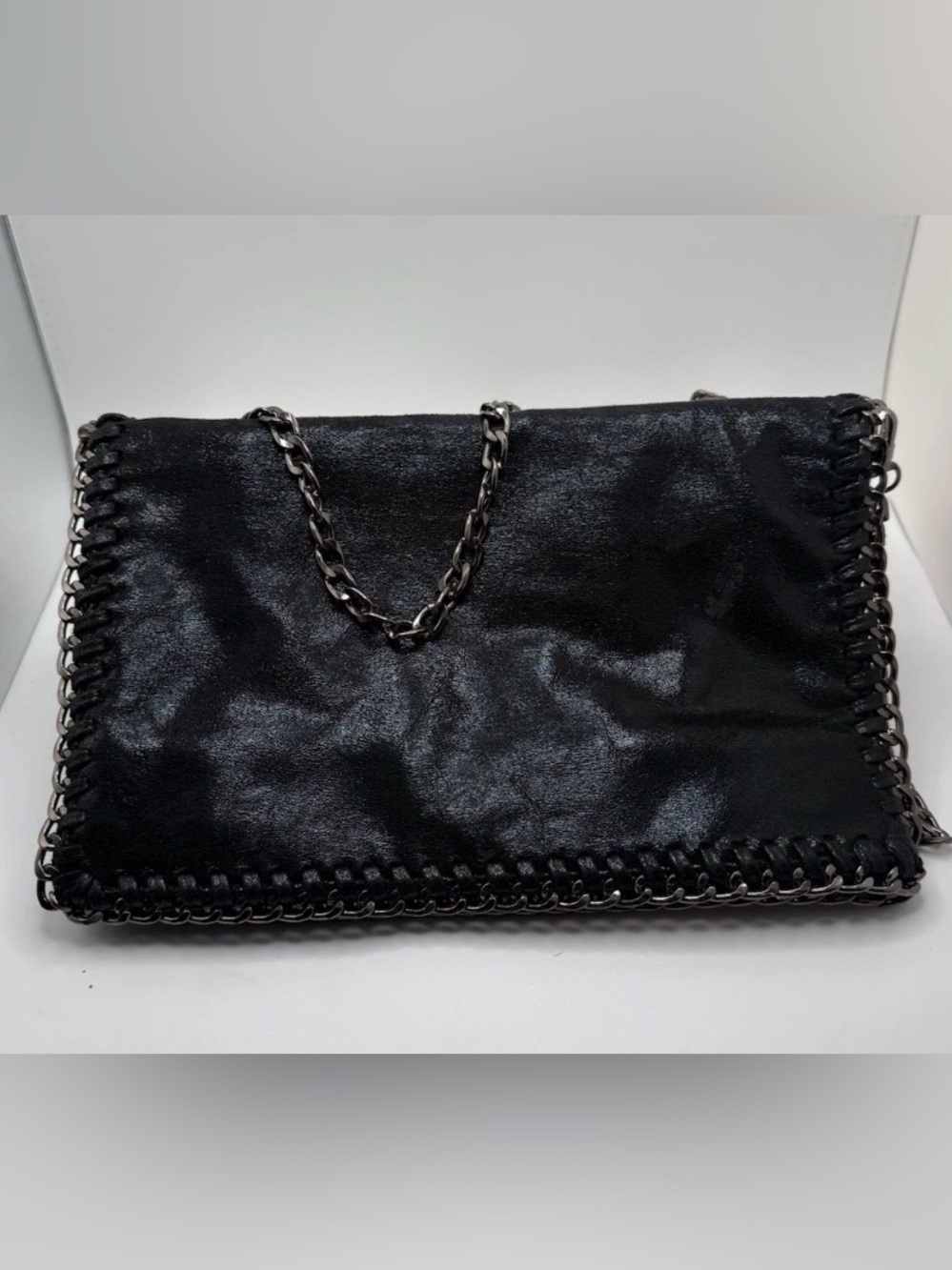 Black Faux Leather Crossbody Bag Fold Over Chain Trim Goth Grunge